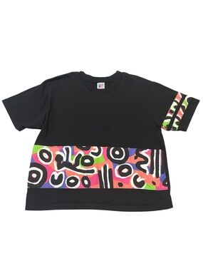 Vintage Hobie Black Tee with Multicolor Abstract Panel VTG Size Medium